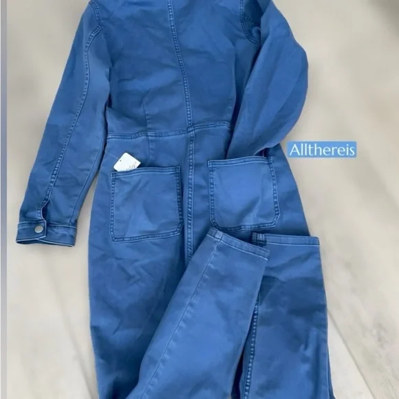 EUC! Free People Lennox Jumpsuit Coverall Stretch Denim V Plunge in Bluebird Med - Picture 6 of 9